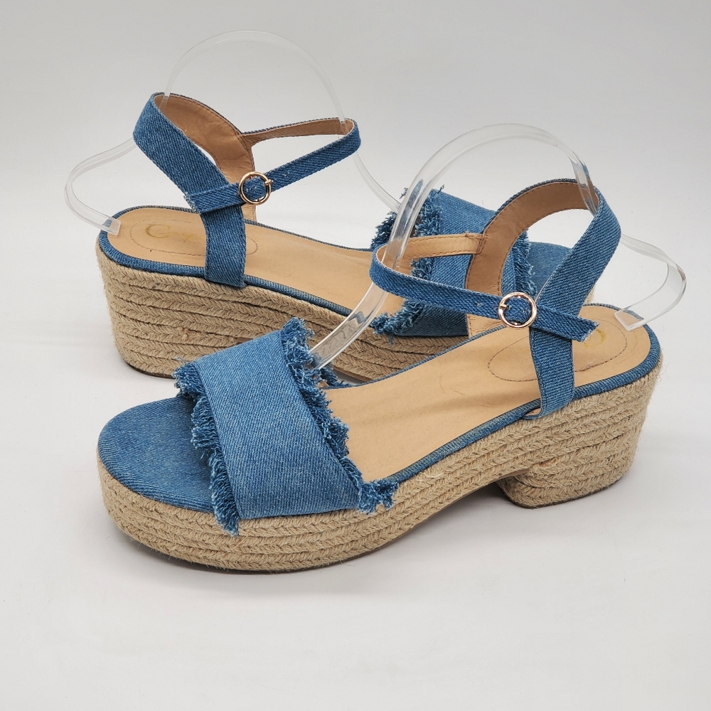 C Comfort Frayed Denim Espadrille Block Heel Platform Sandals Size 11